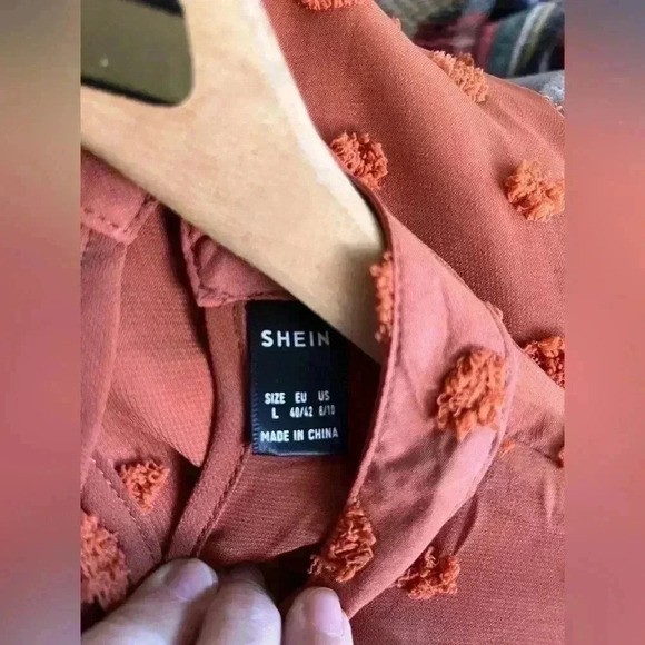 SHEIN Orange Blouse with Pom Poms and a Singapore Collar Size  Lg. - Picture 10 of 10